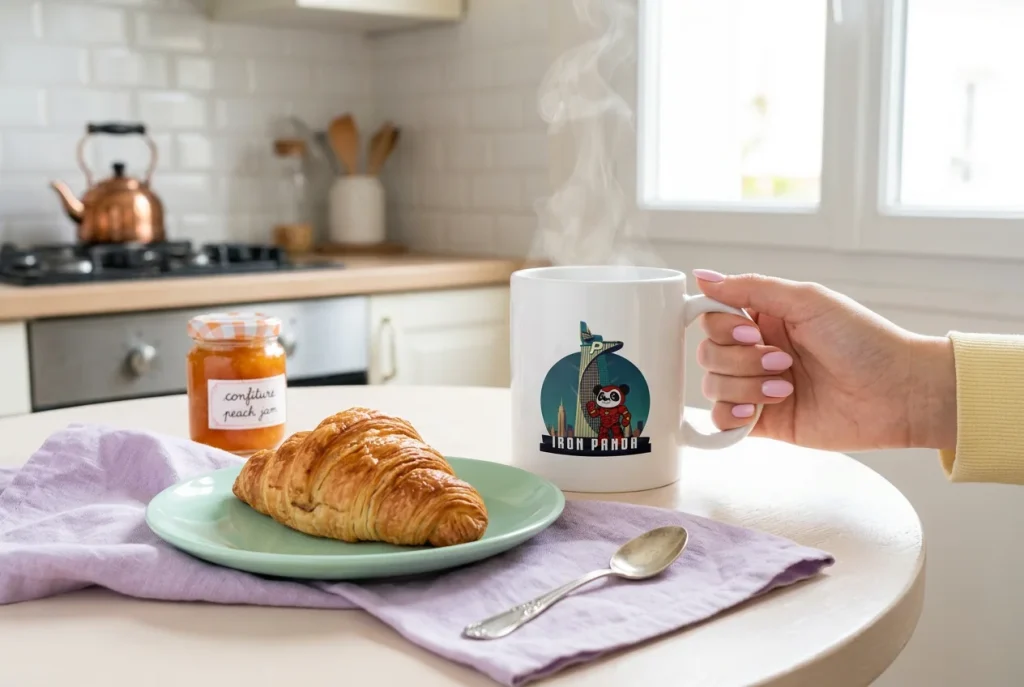 Mug Iron Panda au petit-déjeuner avec un croissant