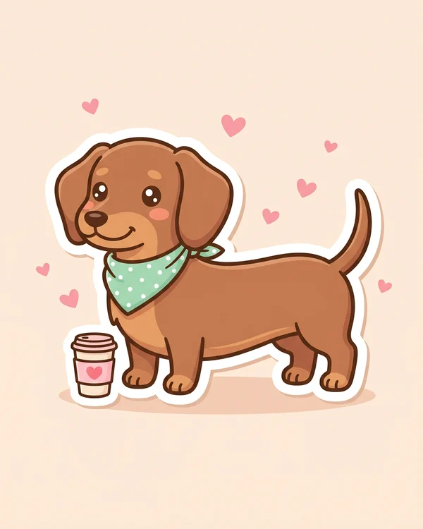 Dessin de Biscotte le teckel kawaii avec son gobelet de café, personnage en vote