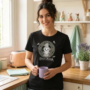 T-shirt panda femme Pandalf porté par une jeune femme dans une cuisine ensoleillée
